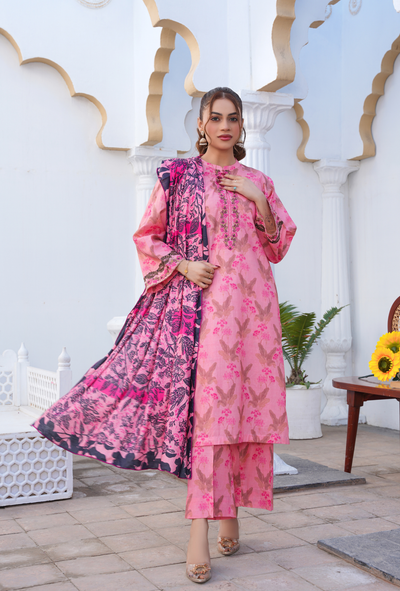 FLORAL PINK - Embroidered Lawn 3PC - stitched