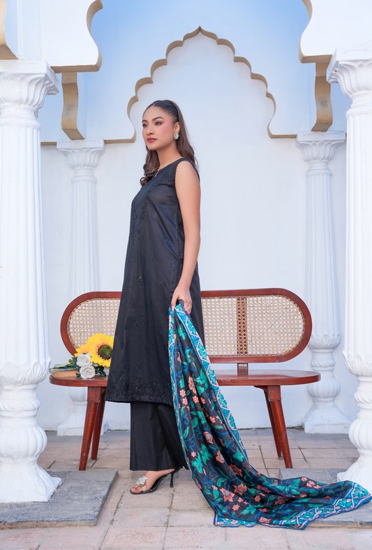 CHARM BLACK - Embroidered Lawn 3PC - Unstitched