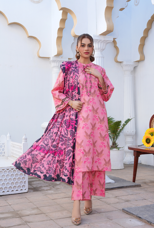 FLORAL PINK - Embroidered Lawn 3PC - Unstitched