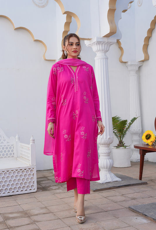 HOT PINK - Embroidered Lawn 3PC - stitched