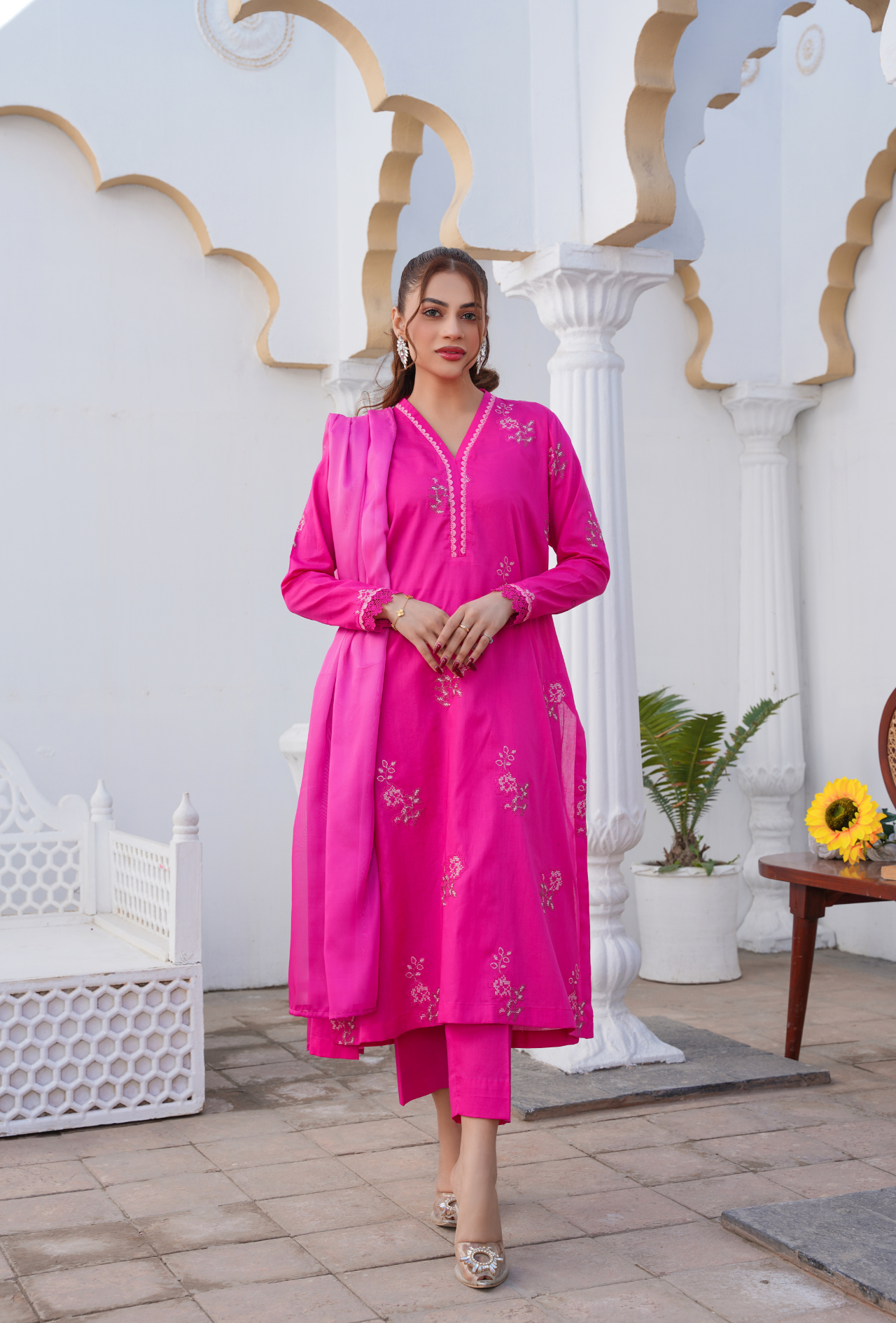 HOT PINK - Embroidered Lawn 3PC - Unstitched
