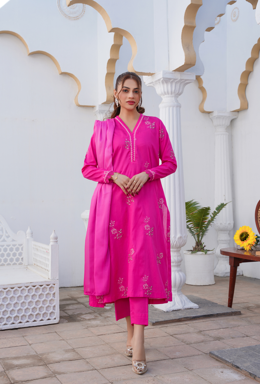 HOT PINK - Embroidered Lawn 3PC - stitched