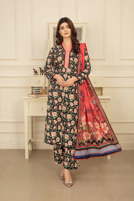 Dark Floral Aura - 3 PC - Printed Cotton Lawn Suit - Stitched
