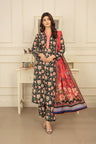 Dark Floral Aura - 3 PC - Printed Cotton Lawn Suit - Unstitched