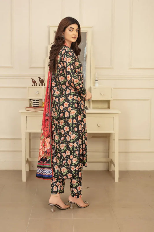 Dark Floral Aura - 3 PC - Printed Cotton Lawn Suit - Stitched