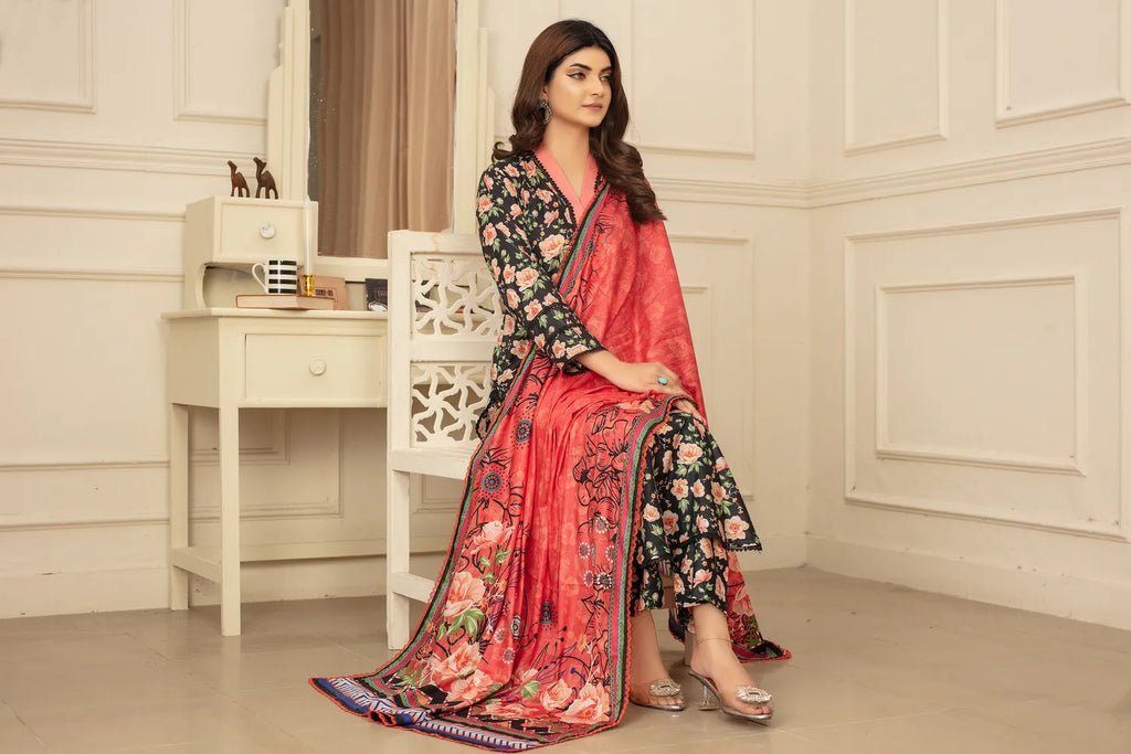 Dark Floral Aura - 3 PC - Printed Cotton Lawn Suit - Stitched