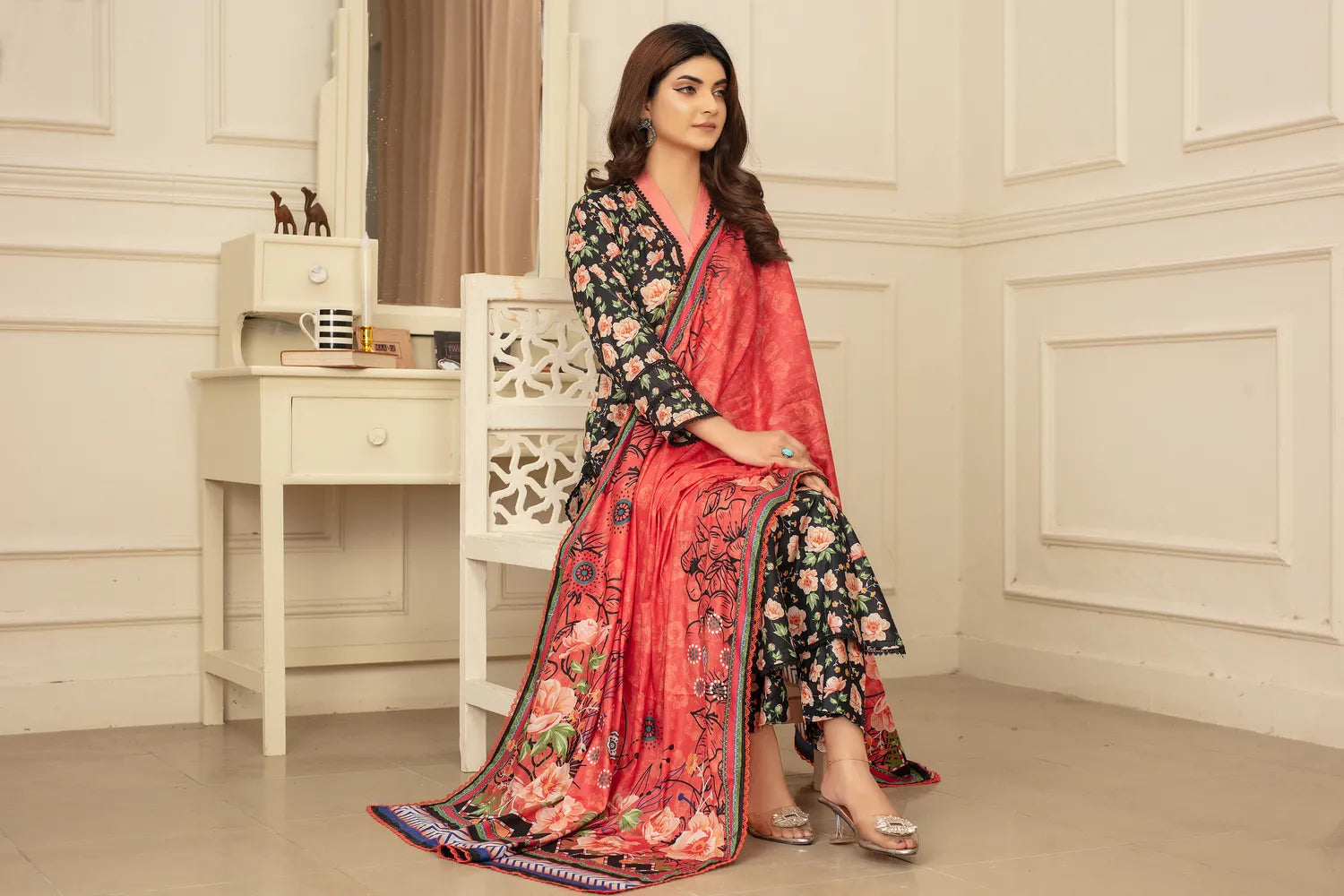 Dark Floral Aura - 3 PC - Printed Cotton Lawn Suit - Stitched