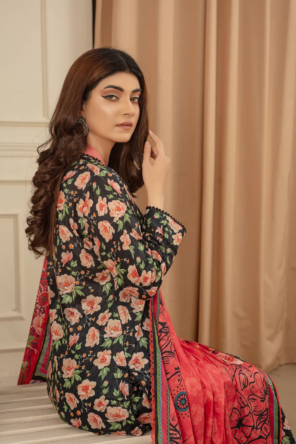 Dark Floral Aura - 3 PC - Printed Cotton Lawn Suit - Stitched