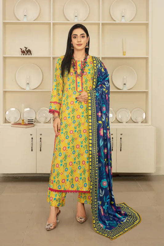 Yellow Charm - 3 PC - Printed Cotton Lawn Suit - Stitched