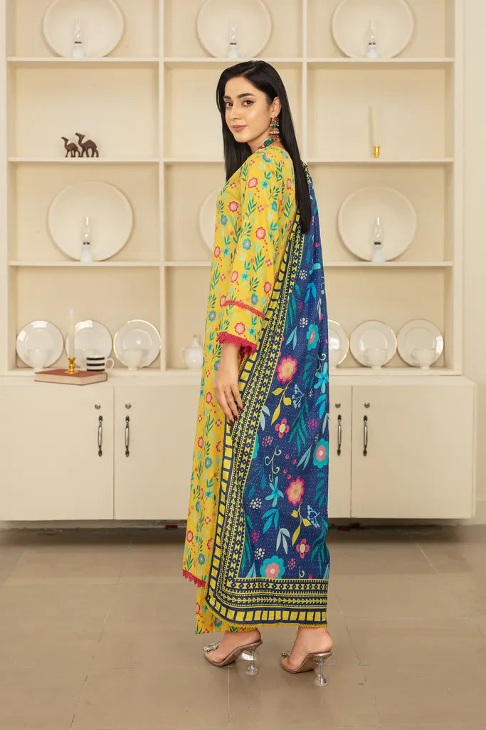 Yellow Charm - 3 PC - Printed Cotton Lawn Suit - Unstitched