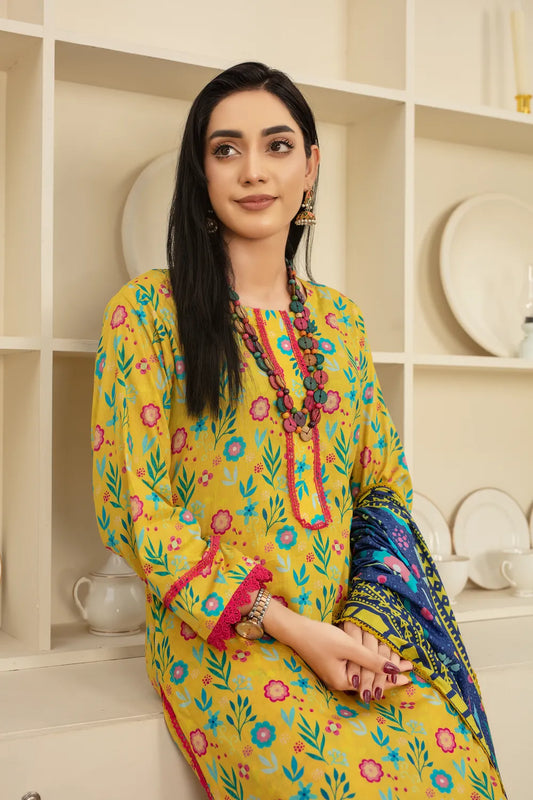 Yellow Charm - 3 PC - Printed Cotton Lawn Suit - Stitched