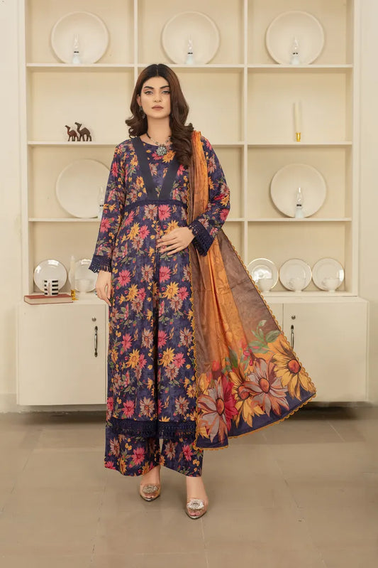 Voilet Flower - 3 PC - Printed Cotton Lawn Suit - Stitched