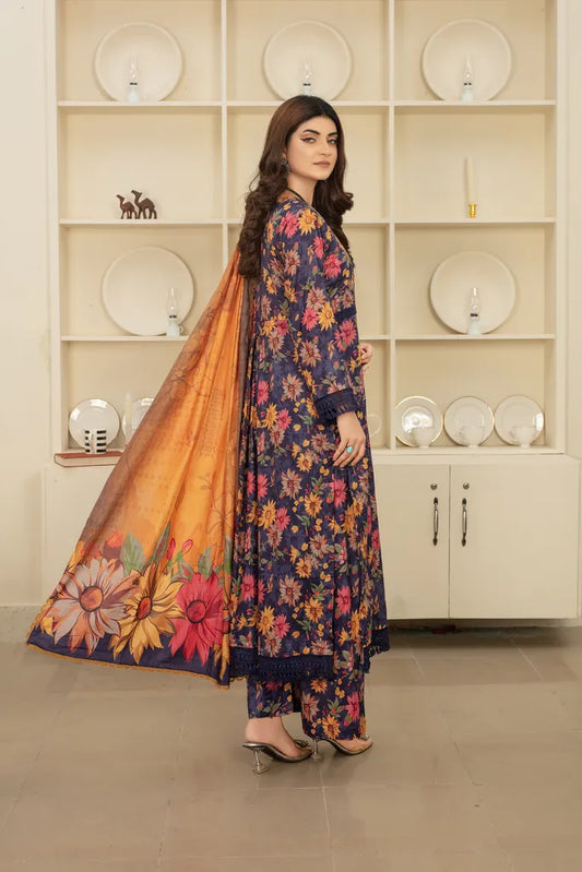 Voilet Flower - 3 PC - Printed Cotton Lawn Suit - Stitched