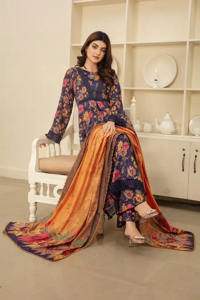 Voilet Flower - 3 PC - Printed Cotton Lawn Suit - Unstitched