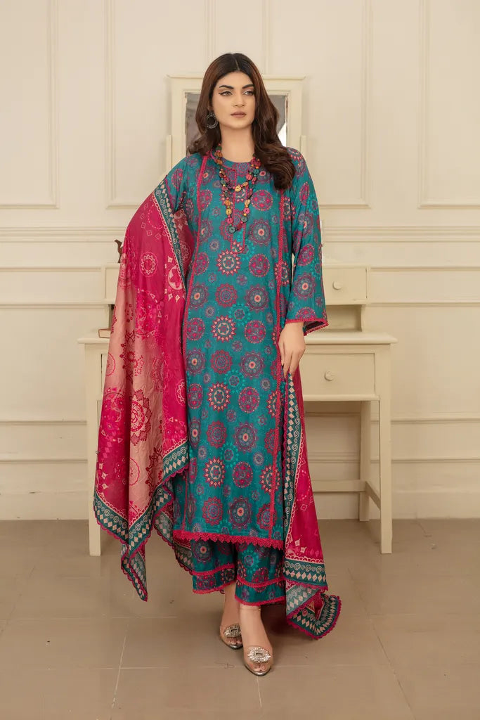 Zinc Shine - 3 PC - Printed Cotton Lawn Suit - Unstitched