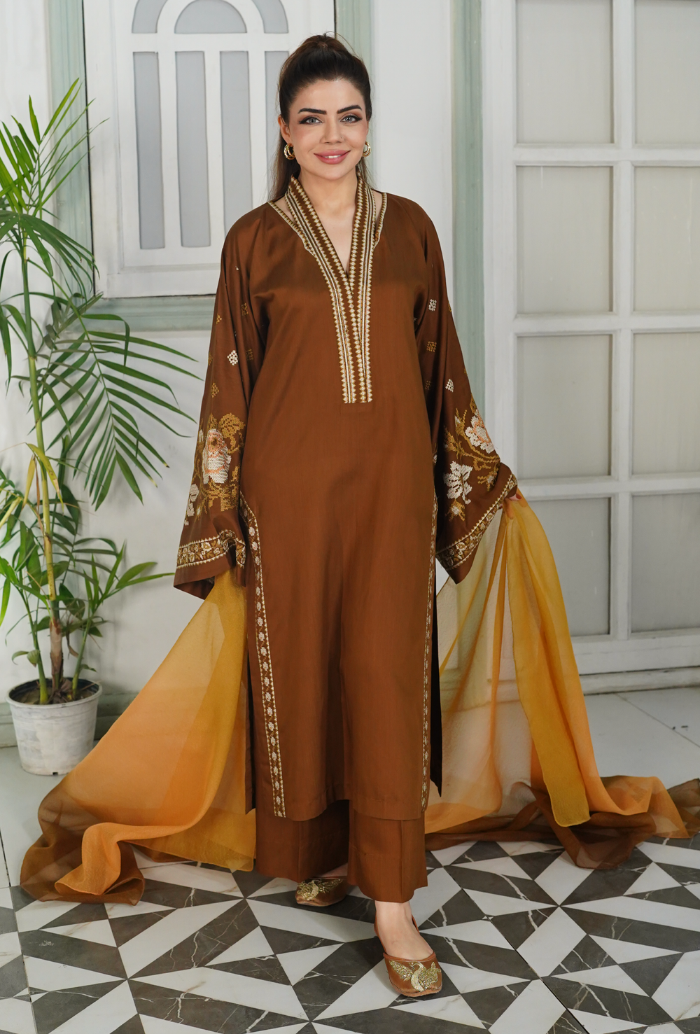 Dilkash Brown - Embroidered Suit - Unstitched