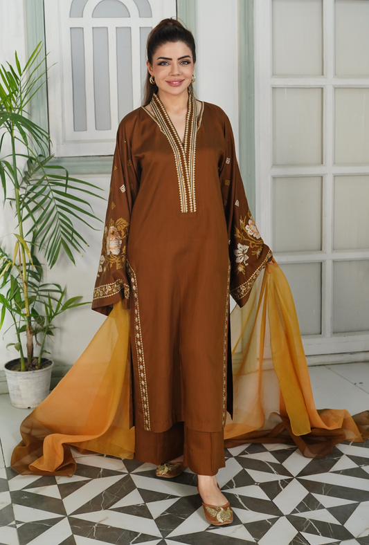 Dilkash Brown - Embroidered Suit - Unstitched