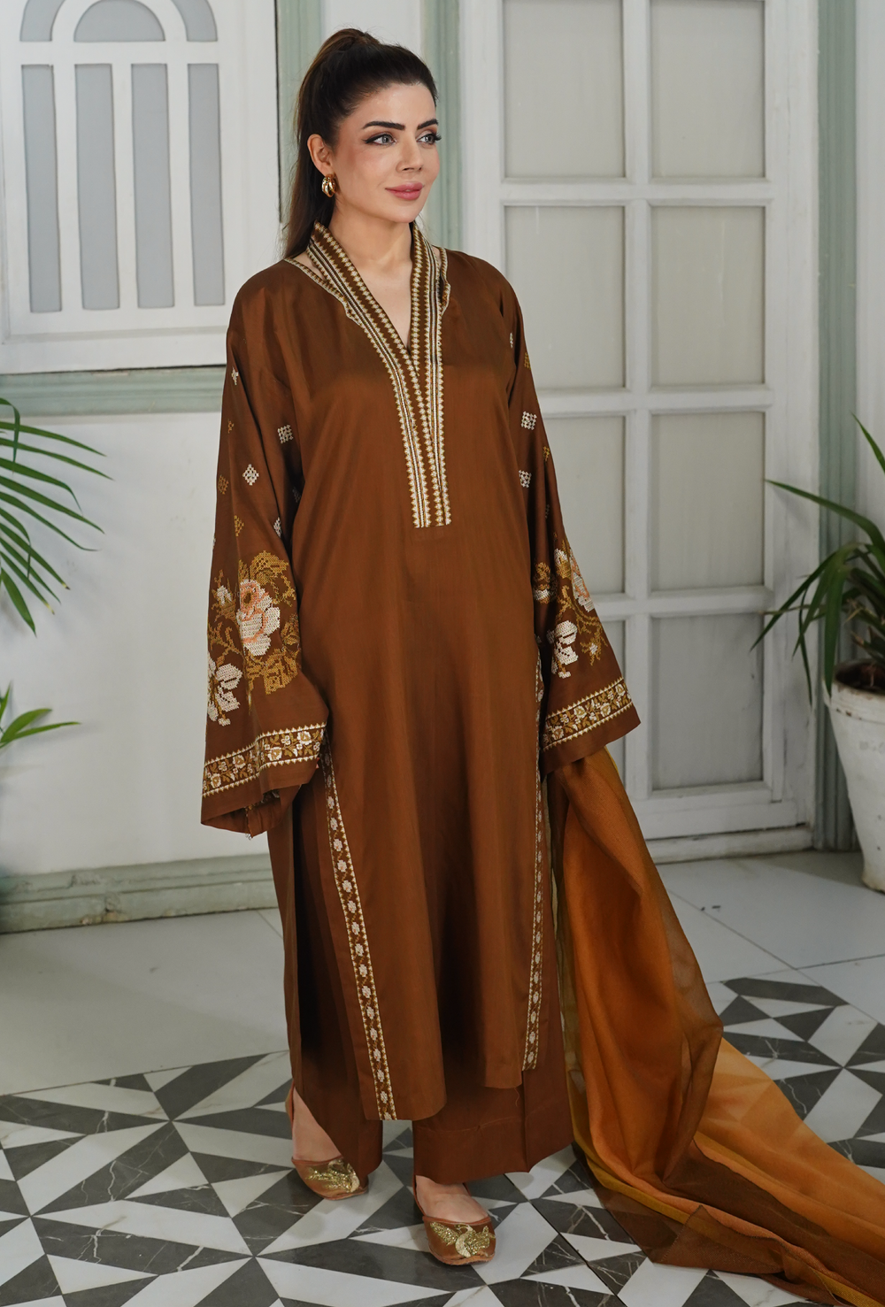 Dilkash Brown - Embroidered Suit - Unstitched