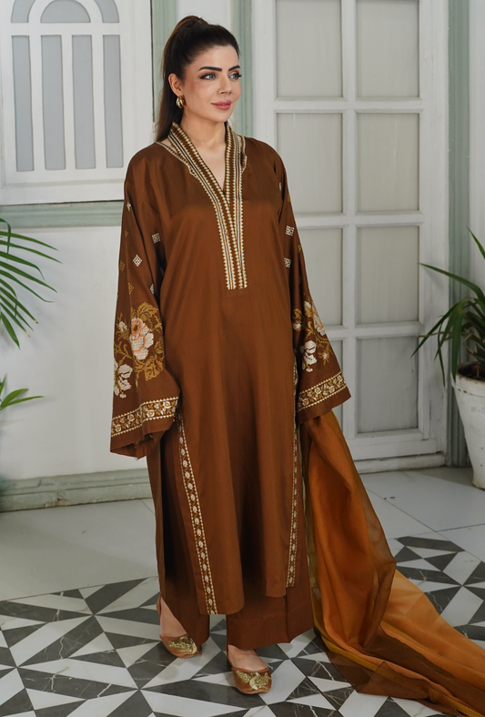Dilkash Brown - Embroidered Suit - Unstitched
