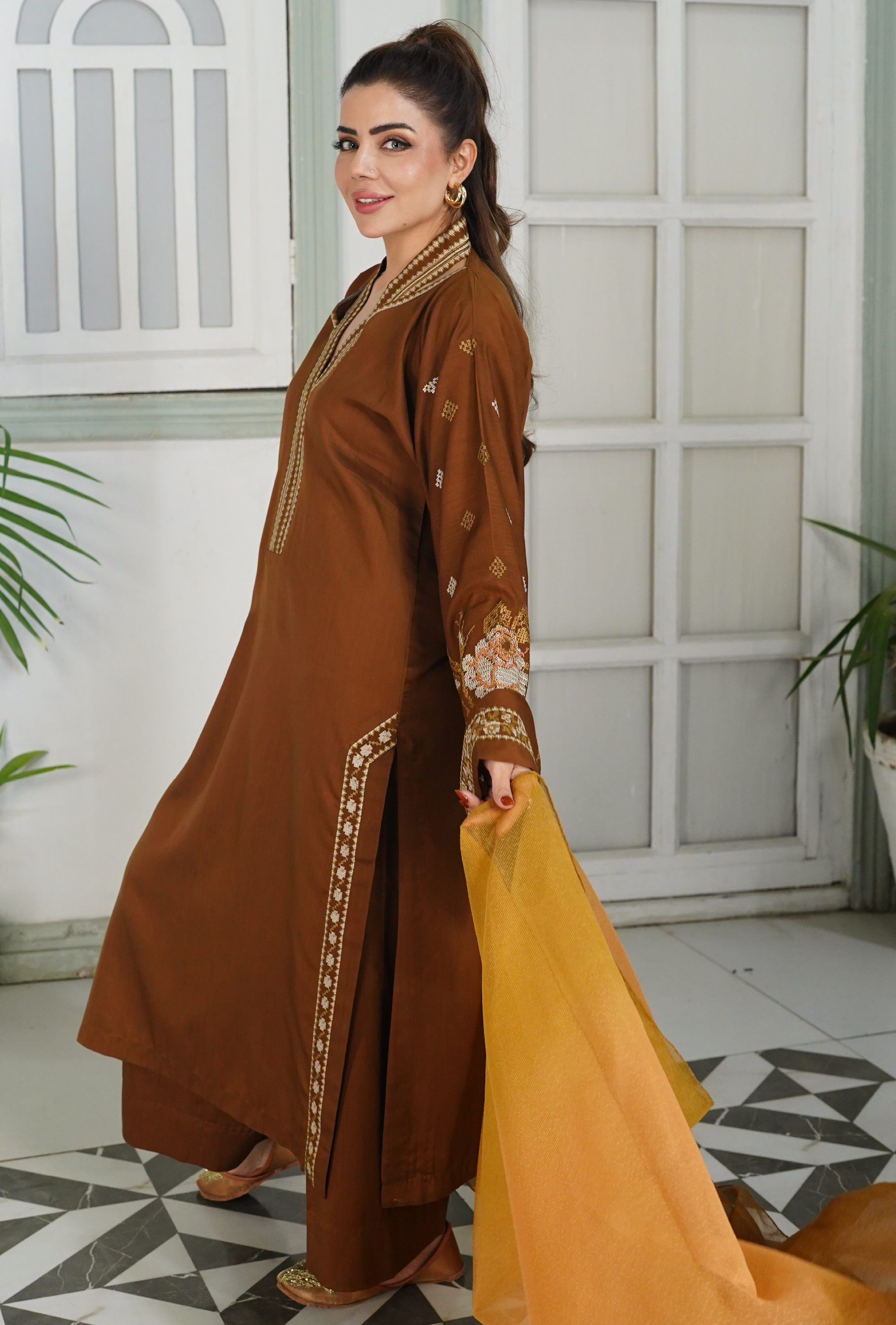 Dilkash Brown - Embroidered Suit - Unstitched