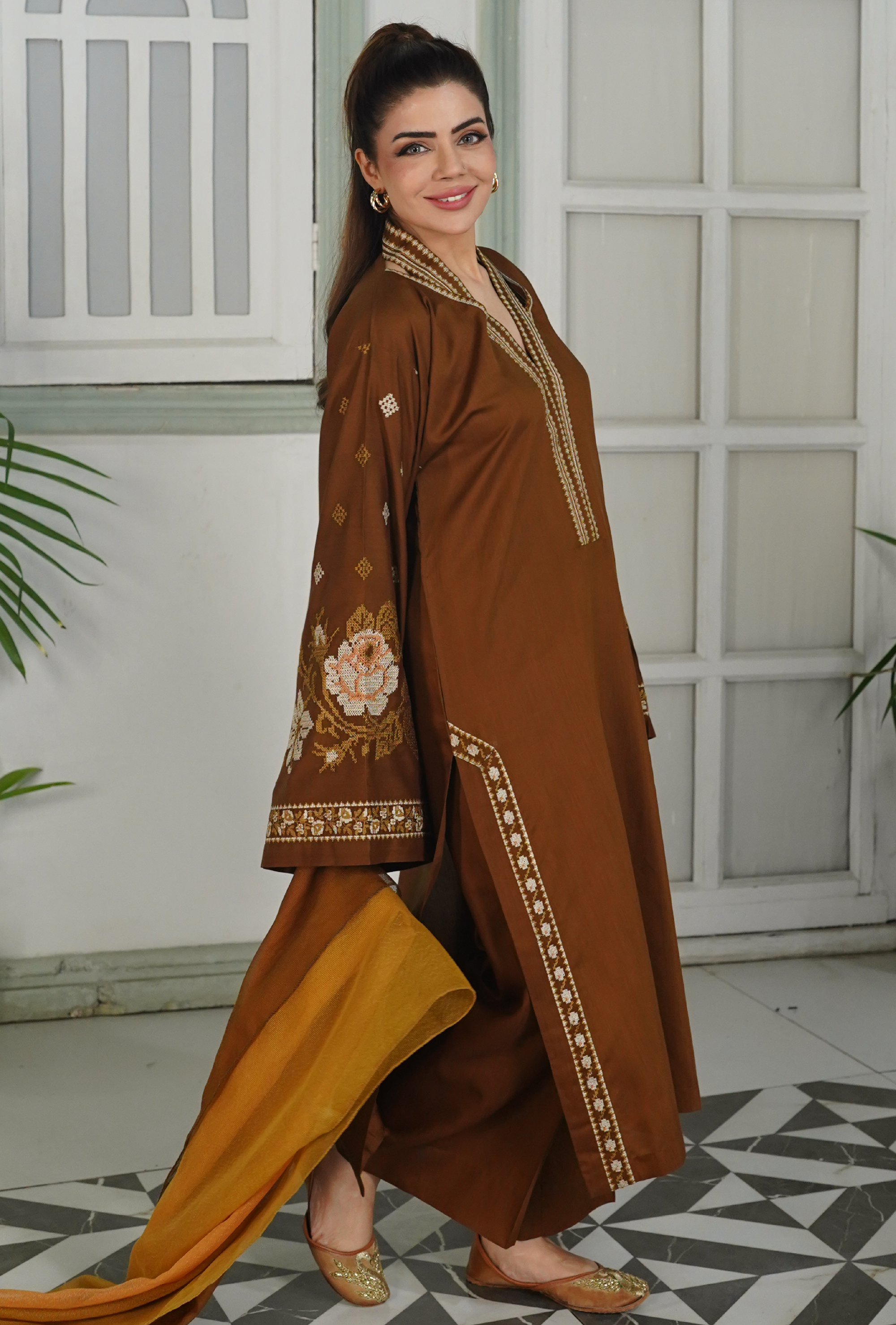 Dilkash Brown - Embroidered Suit - Unstitched